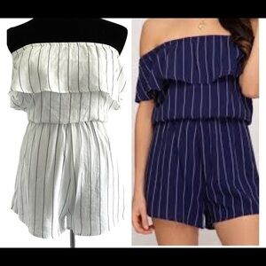 She & Sky Off Shoulder Striped Flounce Romper